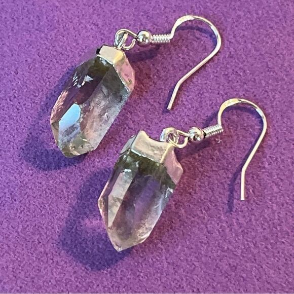 Clear Crystal Quartz Silvertone Point Earrings In Sterling Silver Hooks - Picture 1 of 11